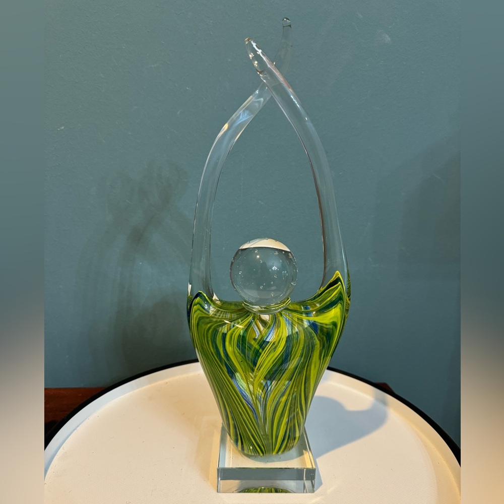 Elegant Green and Clear Art Glass Sculpture - Person with arms raised above head